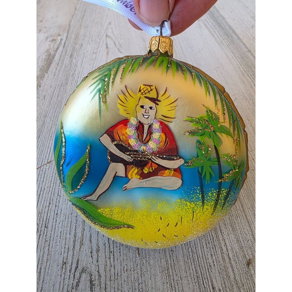 Hawaiian bird of paradise guitar coin‎ glass ornament remember gold glitter Xmas